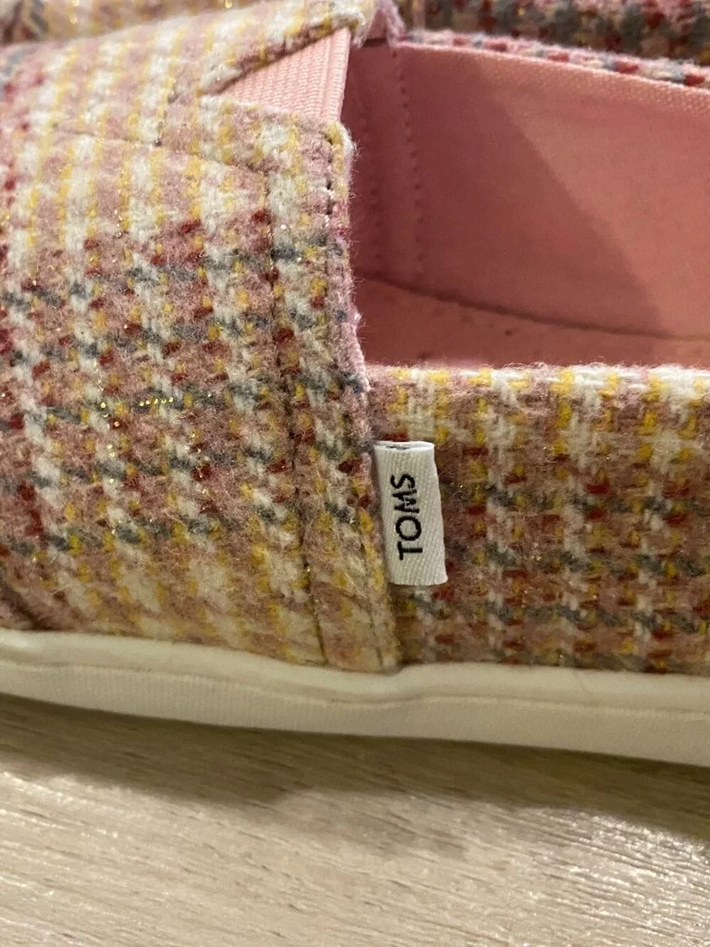 TOMS Kids Alpargata Slip On Shoes Pink Tweed Glitter Plaid Size 2.5
